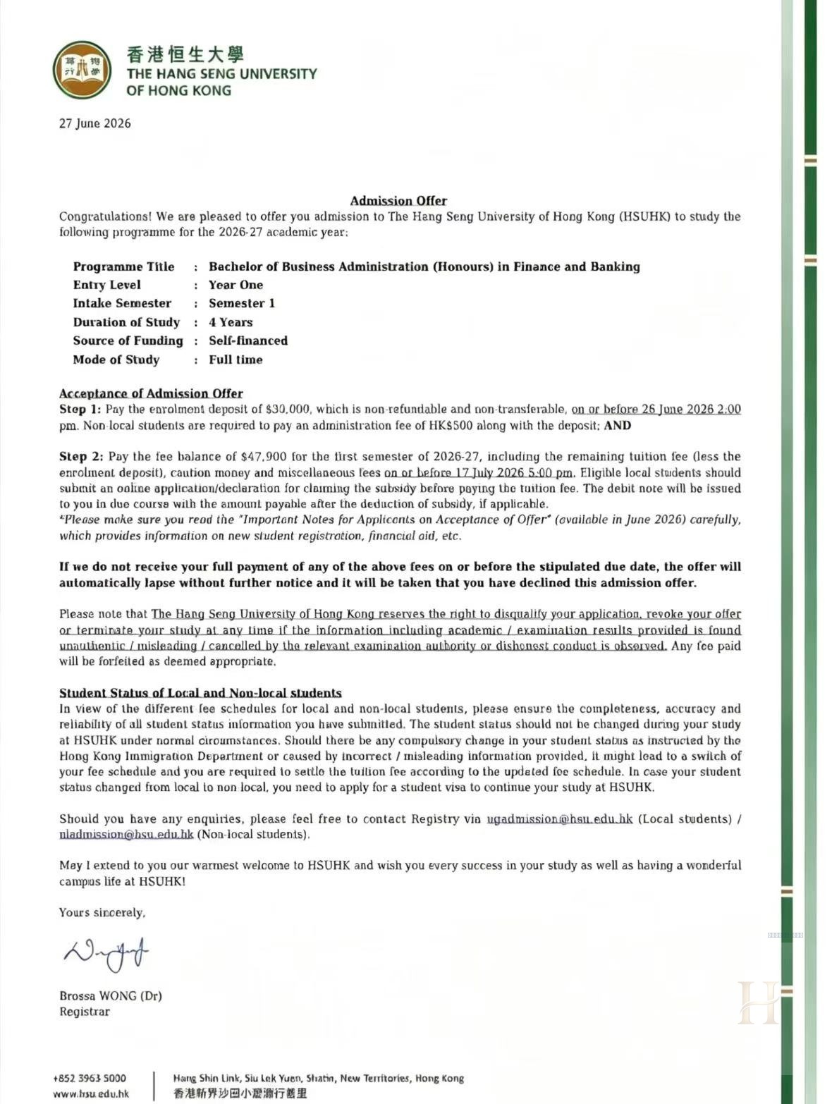 海外高校录取案例:Admission Note